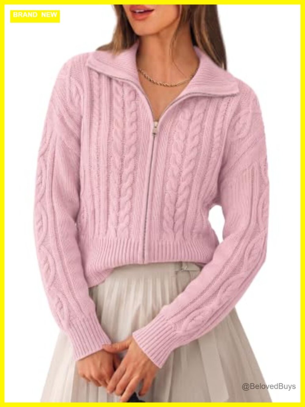 Cable Knit Cropped Cardigan Sweater Zip Up Long Sleeve
